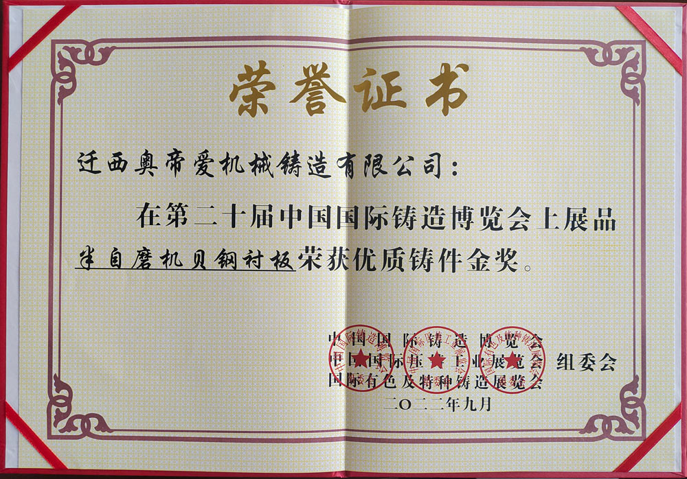 第二十屆中國國際鑄造博覽會(huì)榮獲金獎(jiǎng)